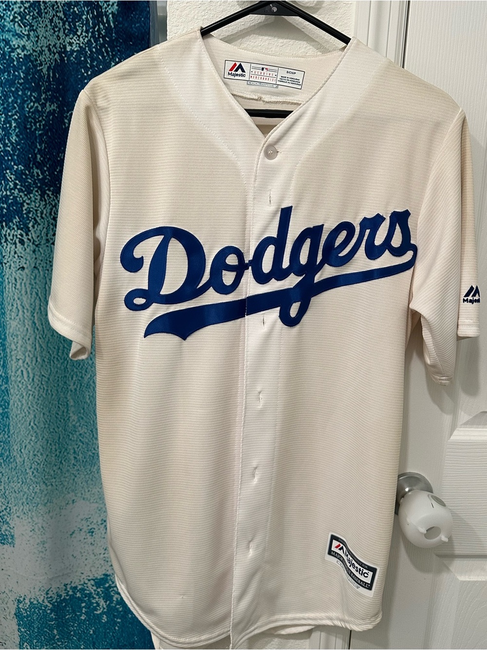 #08 Majestic Cream Baseball Jersey with Blue-Red Label